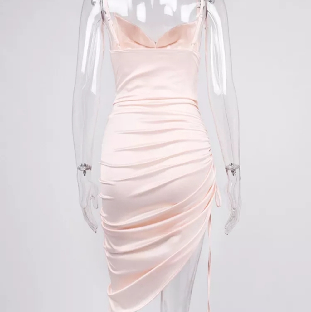 Draped Neck Spaghetti Strap Asymmetrical Satin Slip Dress - Picture 7 of 10